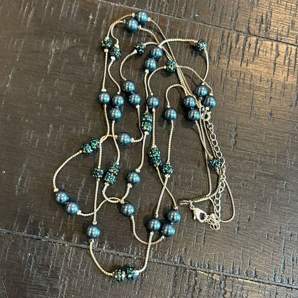 RMN Multi Strand Blue Shimmer Shine Faux Pearl Silver Necklace​​ - Picture 5 of 8